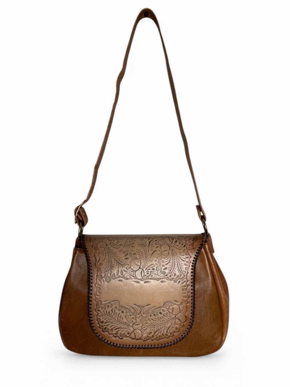 Justin Vintage Tooled Oak Leaf Acorn Motif Shoulder Bag Brown Boho Western